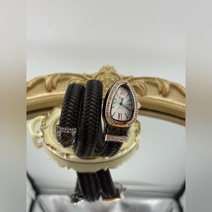 Brown Braided Wrap Watch with Rose Gold & Crystal Accents – Bracelet Style